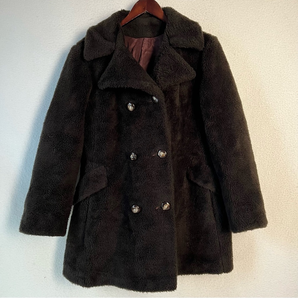Vintage Faux Fur Teddy Coat Women XL Black Double Breasted Lined Thick Cozy Cute